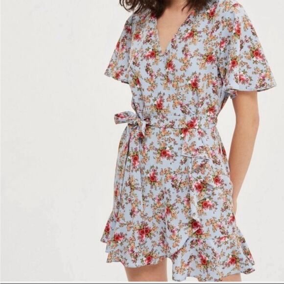 Topshop Dresses & Skirts - Topshop Confetti Floral Wrap Tea Dress Light Blue Multicolor Size 6